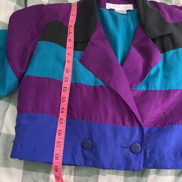 Vintage Sunny Leigh Blazer Womens M 100% Silk Stripe Cropped 80s Blue Purple - Picture 7 of 8